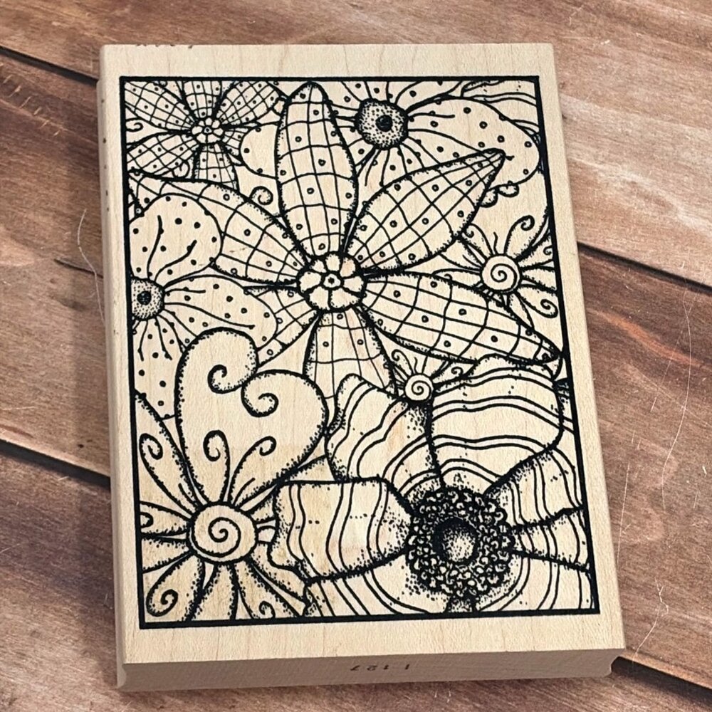 RARE HTF OUTLINES I127 WOOD MOUNTED RUBBER STAMP FRAMED FUNKY FLOWERS HEART